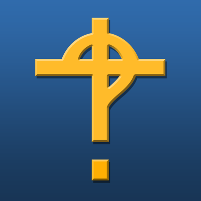 icon for the CHRESTUS app, a gold cross that is also a question mark, half resembling a Celtic cross, on a gradiated blue background.